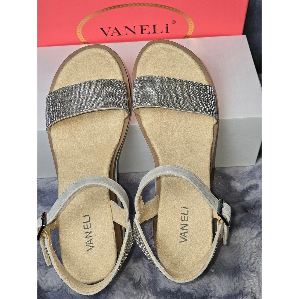 NWB Vaneli Cedra Sandals Dove Suede Rhinestone Cork Wedge Womens 8.5 M - Picture 4 of 9